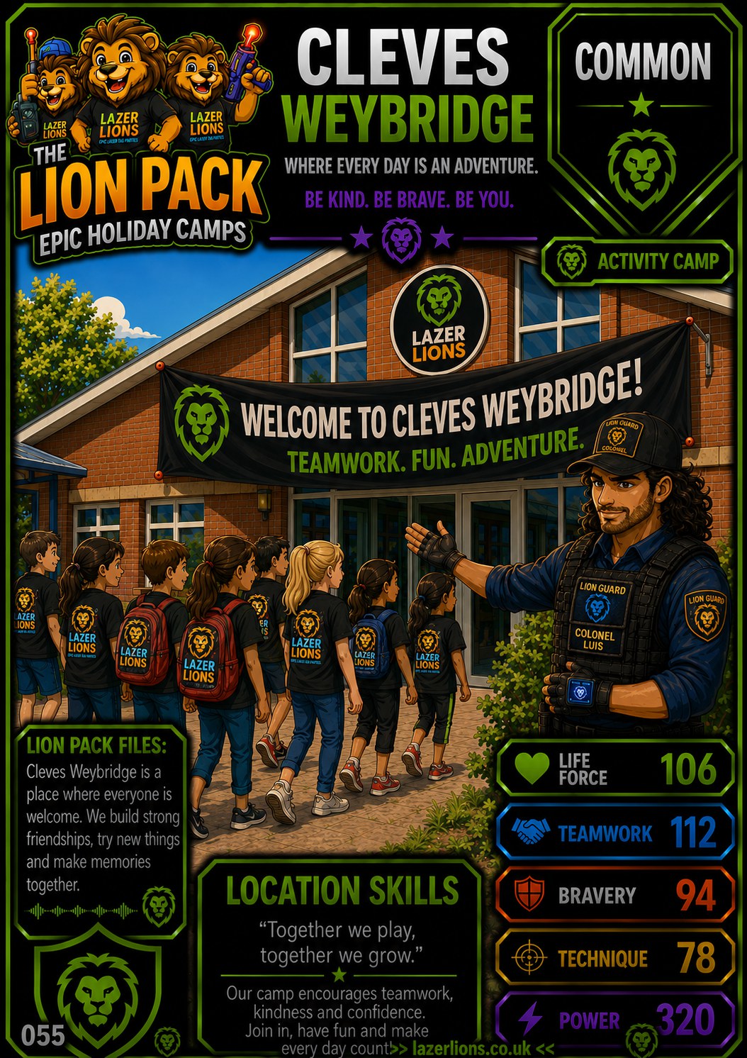 Lazer Lions Lion Pack camp card for Cleves School, Weybridge