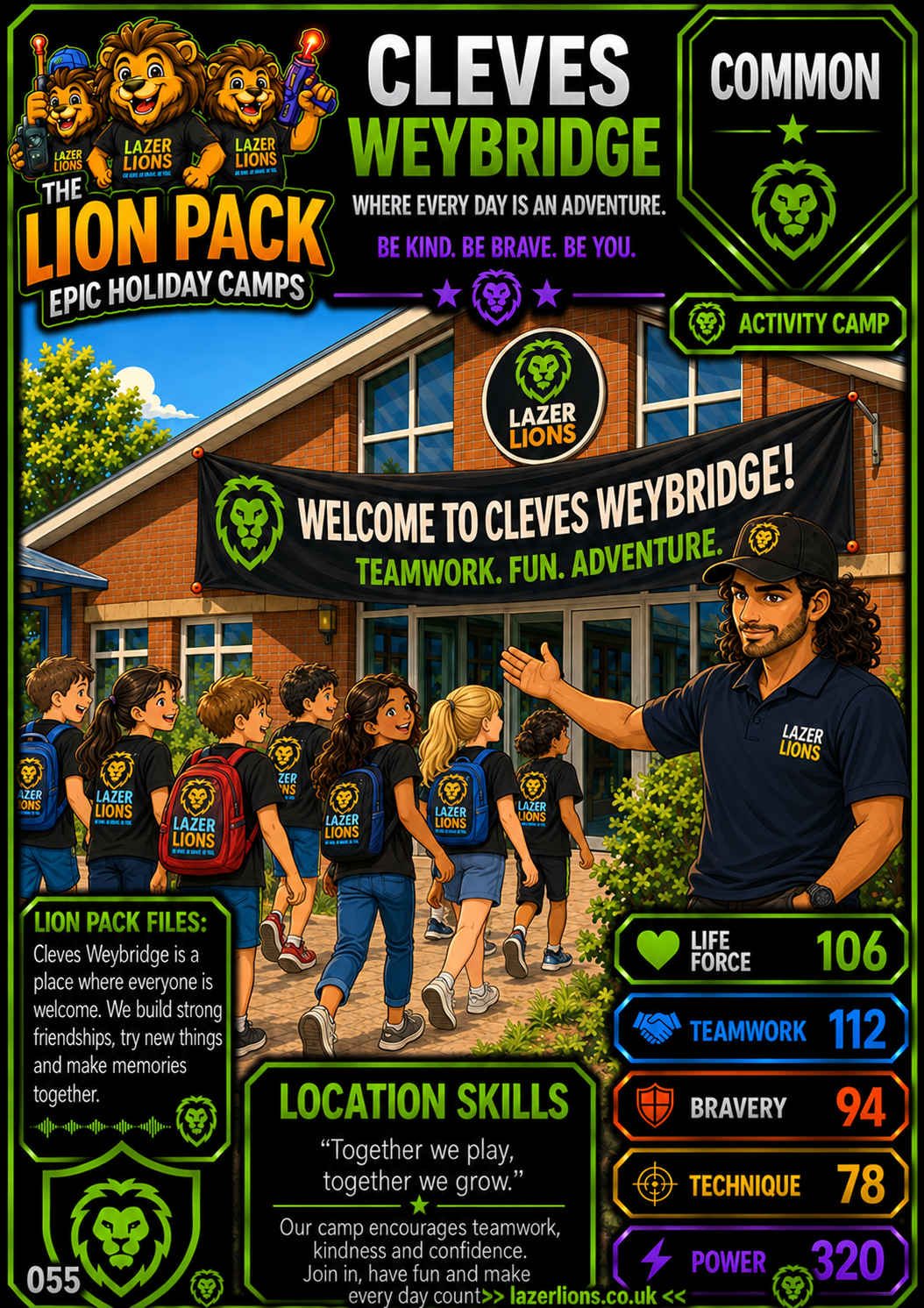 Lazer Lions Lion Pack camp card for Cleves School, Weybridge